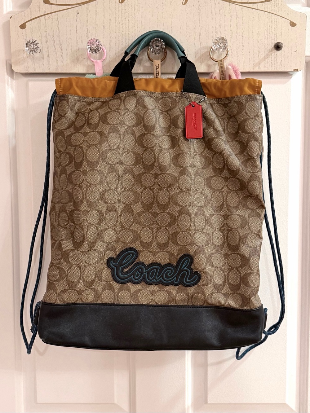 Coach Signature Logo Drawstring Backpack in Brown and Black